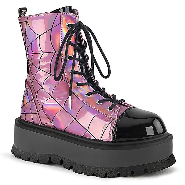 Demonia Women's Slacker-88 Platform Boots - Pink Hologram/Black Patent D3791-80US Clearance